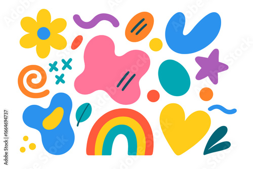 Vibrant abstract shapes and modern doodle elements. Cute cartoon set with flower, rainbow, heart. Funky contemporary trendy vector illustration for creative graphic design.
