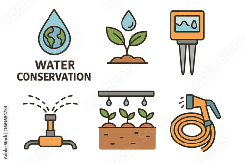 Water conservation icon set. Irrigation systems for gardening, landscaping. Drip irrigation, sprinkler, hose, soil moisture meter. Save water, smart farming, ecology concept.