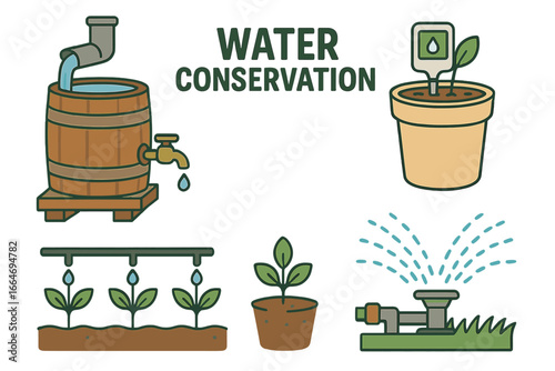 Water conservation techniques for gardening. Rain barrel, drip irrigation, sprinkler, soil moisture sensor. Vector cartoon icon set for saving water in landscaping practices.