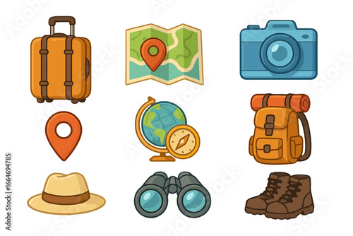 Travel icons set representing essential adventure and exploration items for vacation planning, including luggage, map, camera, backpack, hat, binoculars, globe, and boots, vector cartoon illustration