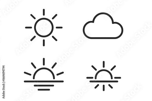Weather outline icon set with sun, cloud, sunrise, and sunset symbols. Vector collection for meteorology forecast app or web design. Minimal linear pictograms for climate.