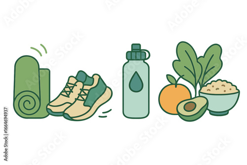 Healthy lifestyle essentials set. Wellness activities concept with fitness gear and nutritious food. Vector icons for yoga, running, diet and sport. Cartoon illustration.