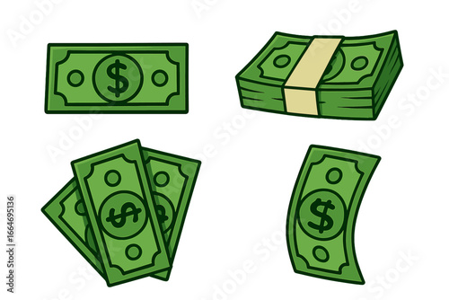 Vector illustration of green dollar bills stack and single notes, cartoon style money icons for finance, success, business deal, banking, cash and wealth concept