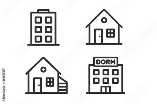 Real estate icons set. House, apartment, dorm and home vector line illustrations. Minimalist property and living space symbols. Simple residential building pictogram collection.