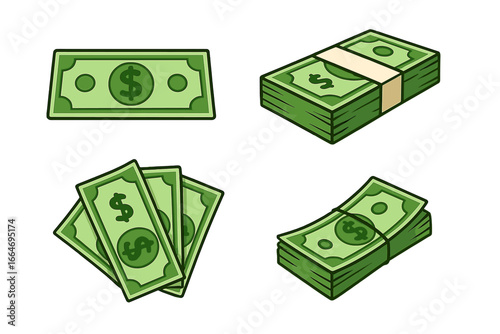 Vector cartoon illustration of green dollar money bills, banknotes stack, cash bundle and financial success, business deal, payment, finance concept on transparent background