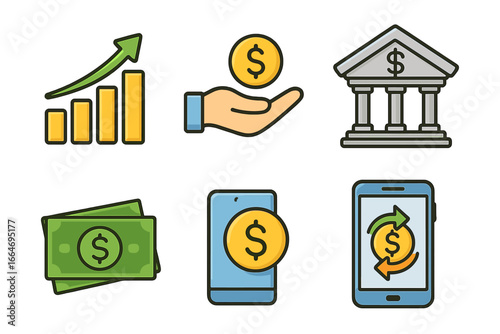 Finance icon set for banking and investment. Financial growth chart, money transfer, and mobile payment symbols. Digital transaction and economy vector illustrations.