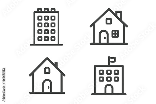 Building line icon set. House, apartment, school, university dorm symbols. Real estate property concept. Home, architecture pictogram collection. Minimalist outline vector graphic.