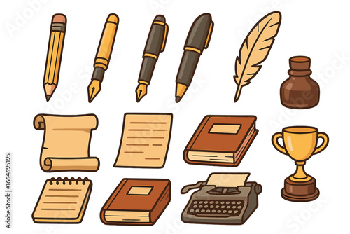 Writing tools and literary artifacts showcase an array of classic and modern design elements for creative expression, education, literature, and communication concepts. Vector cartoon illustration.