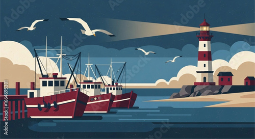 A serene coastal scene with fishing vessels docked near a pier, highlighted by a striking lighthouse beacon against a starry night sky creating a nostalgic ambiance