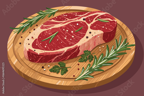 Juicy steak, expertly cooked, served on a rustic wooden plate with fresh herbs.