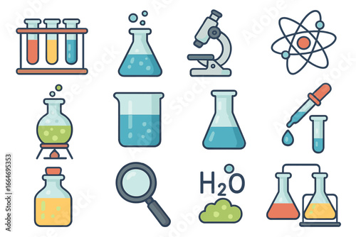 Science lab icon set. Chemistry and biology research equipment. Vector cartoon illustration of test tube, flask, microscope, atom, beaker for school or experiment. Flat educational icons.