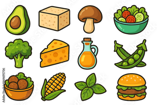 Vegan food icons collection. Plant based ingredients for a healthy diet. Vector graphic set with avocado, tofu, cheese, mushroom, salad, and veggie burger. Cartoon design elements.