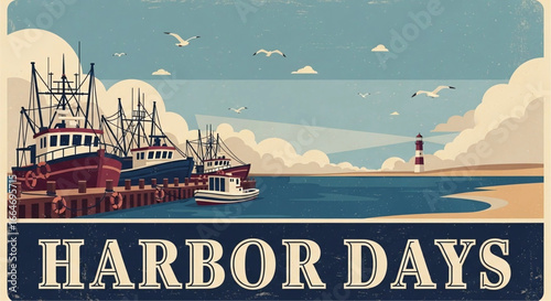 Vintage-style Harbor Days poster featuring fishing boats at dockside under a sunny sky with seagulls and a distant lighthouse evoking coastal celebrations