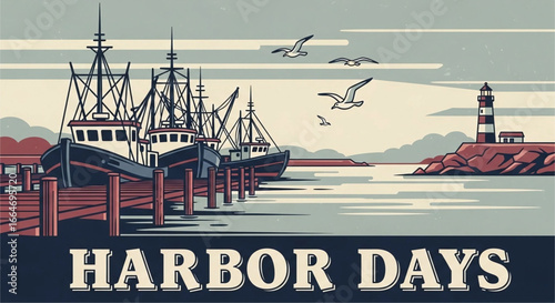 Vintage harbor scene featuring fishing boats at dockside and a lighthouse in the distance evoking a sense of nostalgia and maritime charm reminiscent of classic seaside imagery