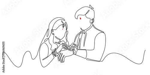 Continuous line illustration of Raksha Bandhan celebration, showing sister tying rakhi on brother’s wrist with minimalist style and red accent, perfect for festival, tradition, and cultural design.