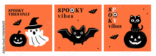 Happy Halloween set of fun vector hand-drawn cards with character bats, pumpkins, a ghost, a cat, and Halloween wishes.Trendy concept design for decoration, ads, greetings, banner, poster, cover. Flat