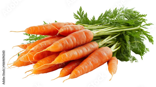 bundle of fresh organic carrots with green leaves, isolated on white background, natural stock image