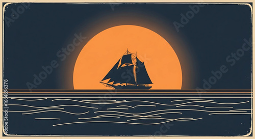 Silhouetted Sailboat Against a Radiant Sunset: A Nautical Artwork Capturing the Serenity of the Sea and the Majesty of the Setting Sun with Artistic Flair