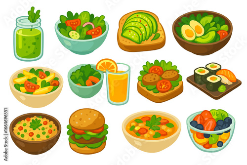 Healthy food icon collection. Big set of vegetarian and vegan meals. Vector cartoon illustration of salad, smoothie, avocado toast, sushi, burger, fruit for web design.