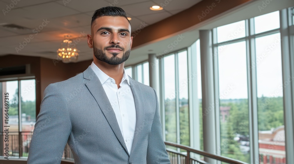Fototapeta premium Professional Man in Smart Grey Suit Posing Confidently Near Large Windows with Scenic View in Modern Interior