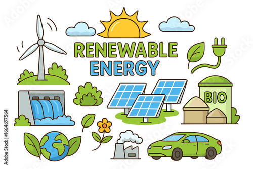 Renewable Energy Concepts Illustrating Diverse Sustainable Sources and Environmental Benefits in a Vibrant Colorful Vector Cartoon Graphic Design with Solar, Wind, Hydro, and Bio Energy Elements