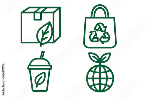 Eco-friendly packaging and sustainable practices icon set. Green product design for a better future. Recycling symbol, biodegradable cup, planet earth and leaf icons vector line.