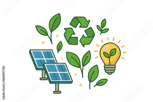 Renewable Energy Concepts with Solar Panels, Light Bulbs, Green Plants, and Recycling Symbols in a Creative Eco-Friendly Vector Cartoon Illustration on Transparent Background