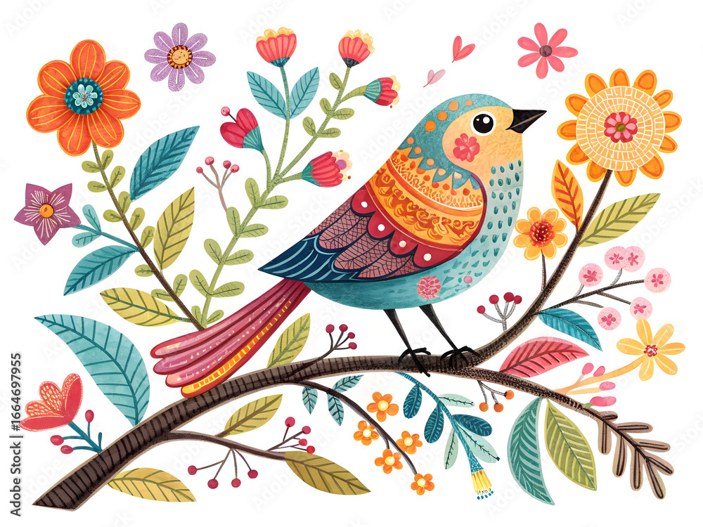 Fototapeta premium Folk art bird floral branch colorful vibrant image