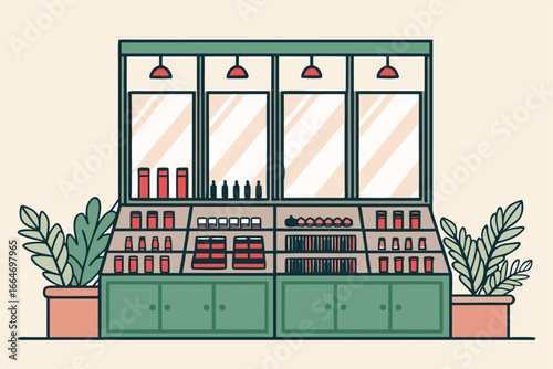 Cosmetic store interior with makeup displays and a mirror.