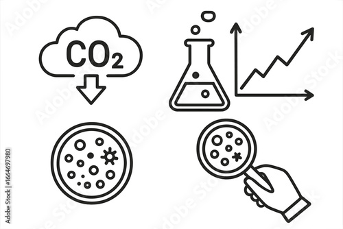 Scientific symbols illustrating carbon dioxide emissions research, microbiological growth analysis, laboratory experiment trends, scientific testing, chemistry, and biology vector cartoon