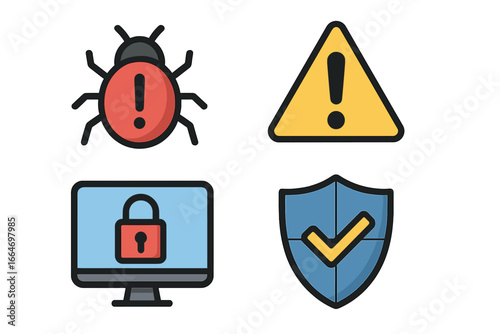 Security icons representing technology vulnerabilities, alerts, cyber threats, data protection, and software defense. Vector cartoon illustration with bug, warning, lock, and shield symbols.
