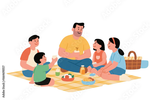 Flat vector family picnic scene with dad at the center.