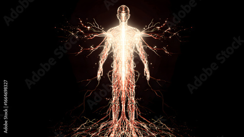 A glowing neural network branching into a human silhouette, connecting unexpectedly to other body systems.
