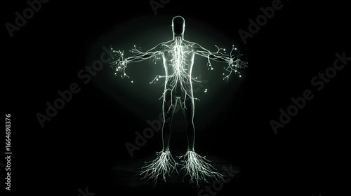 A glowing neural network branching into a human silhouette, connecting unexpectedly to other body systems.
