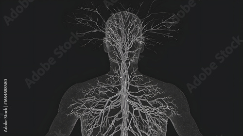 A glowing neural network branching into a human silhouette, connecting unexpectedly to other body systems.
