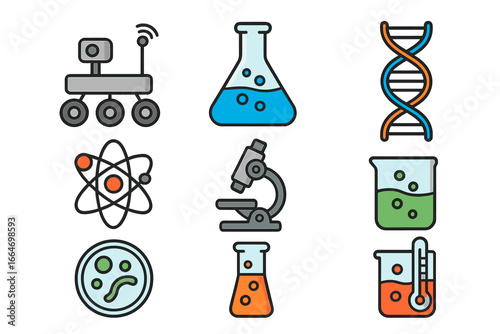 Colorful vector icons representing various scientific elements including rover robot, laboratory flasks, DNA helix, atom, microscope, and petri dish, educational science illustration
