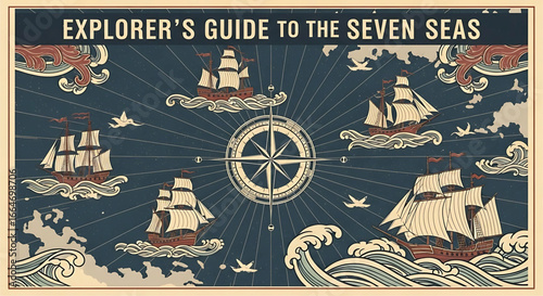 Vintage maritime illustration showcasing classic sailing ships navigating the ocean with a central compass rose and decorative waves, evoking a sense of adventure and exploration