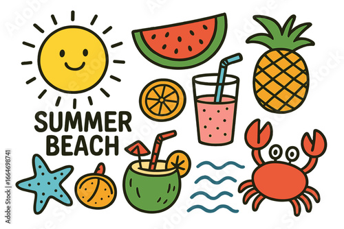 Summer beach elements with cheerful sun, tropical fruits, refreshing drinks, and playful sea creatures in fun doodle style illustration, vector cartoon on transparent background