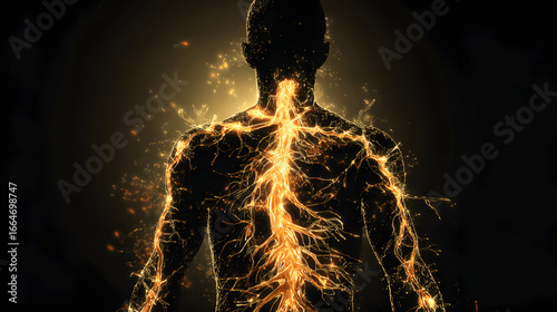 A glowing neural network branching into a human silhouette, connecting unexpectedly to other body systems.
