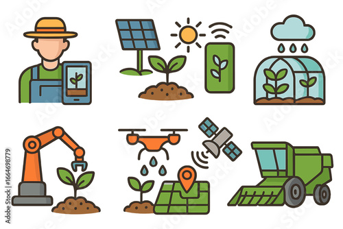Innovative Agricultural Technology Icons Illustrating Sustainable Farming Practices, Modern Farming Equipment, Smart Irrigation, Robotics, Drones, Solar Energy, and Precision Agriculture Vector Set