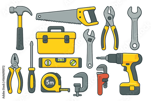 Comprehensive collection of tools and equipment for home repairs and DIY projects, showcasing various shapes, designs, and functions in a vector cartoon illustration on a transparent background