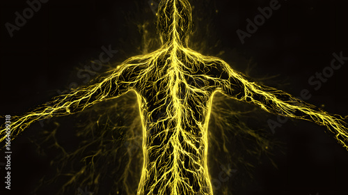 A glowing neural network branching into a human silhouette, connecting unexpectedly to other body systems.
