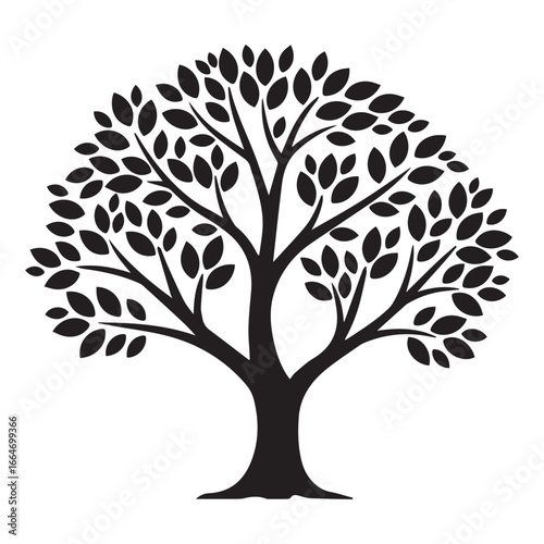 Black silhouette of a lush tree with a full canopy of leaves against a white background nature plant
