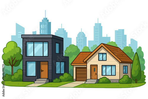 Urban and suburban houses side by side showcasing modern and traditional architecture surrounded by lush greenery and vibrant cityscape, vector cartoon illustration