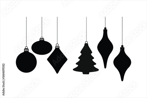 Six diverse silhouette christmas ornaments hanging on white surface festive holiday decorations