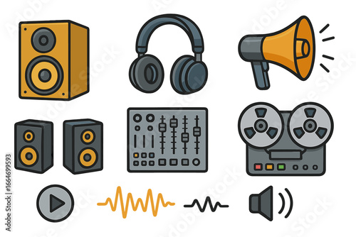 Various Audio Equipment and Sound Technology Icons, Recording Devices, Headphones, Speakers, Mixer Console, Megaphone, Waveforms, Play Button, Tape Recorder, Vector Cartoon Illustration