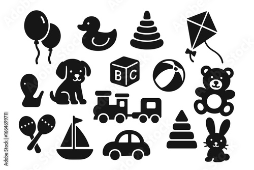 Various black icons of children’s toys including balloons, animals, educational items, playful shapes, train, kite, and car vector cartoon illustration on white background