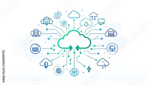 A graphic design illustrating a cloud computing system with interconnected data icons, showing data transfer and network connections.