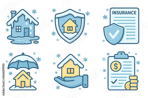 Winter home insurance icons representing water damage, property protection, financial documents, and safety concepts in vector cartoon style