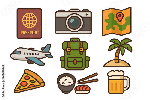 Travel essentials for adventurers including passport, camera, airplane, map, backpack, tropical island, pizza, sushi, and beer icons representing diverse destinations and experiences in cartoon style
